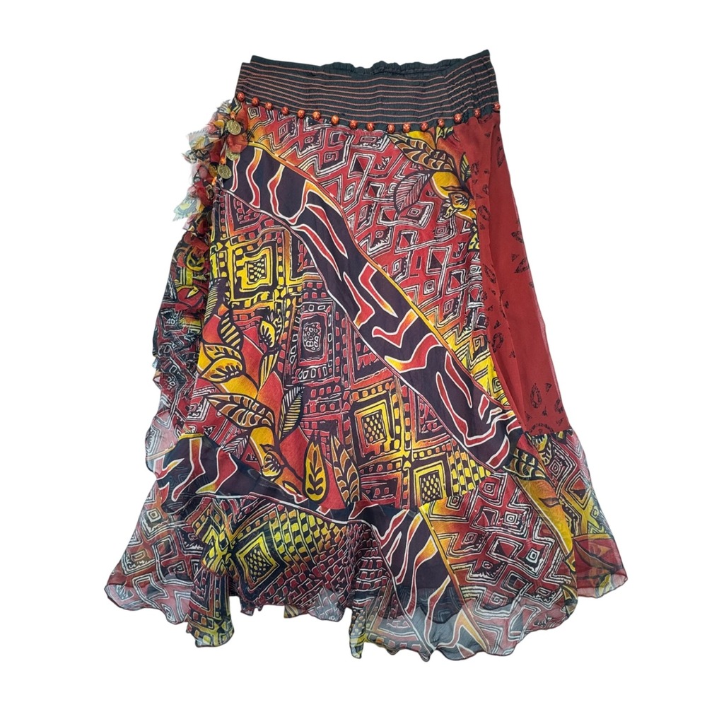Soft Surroundings Womens Red Boho Coin Embellished Midi Skirt Size M Geometric